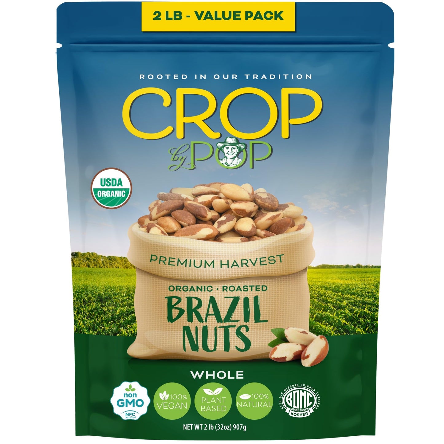 CROP BY POP - Organic Brazil Nuts Roasted & Unsalted Packed Fresh in Resealable Bag - USDA Organic, Non GMO - Naturally Grown, Vegan, Kosher