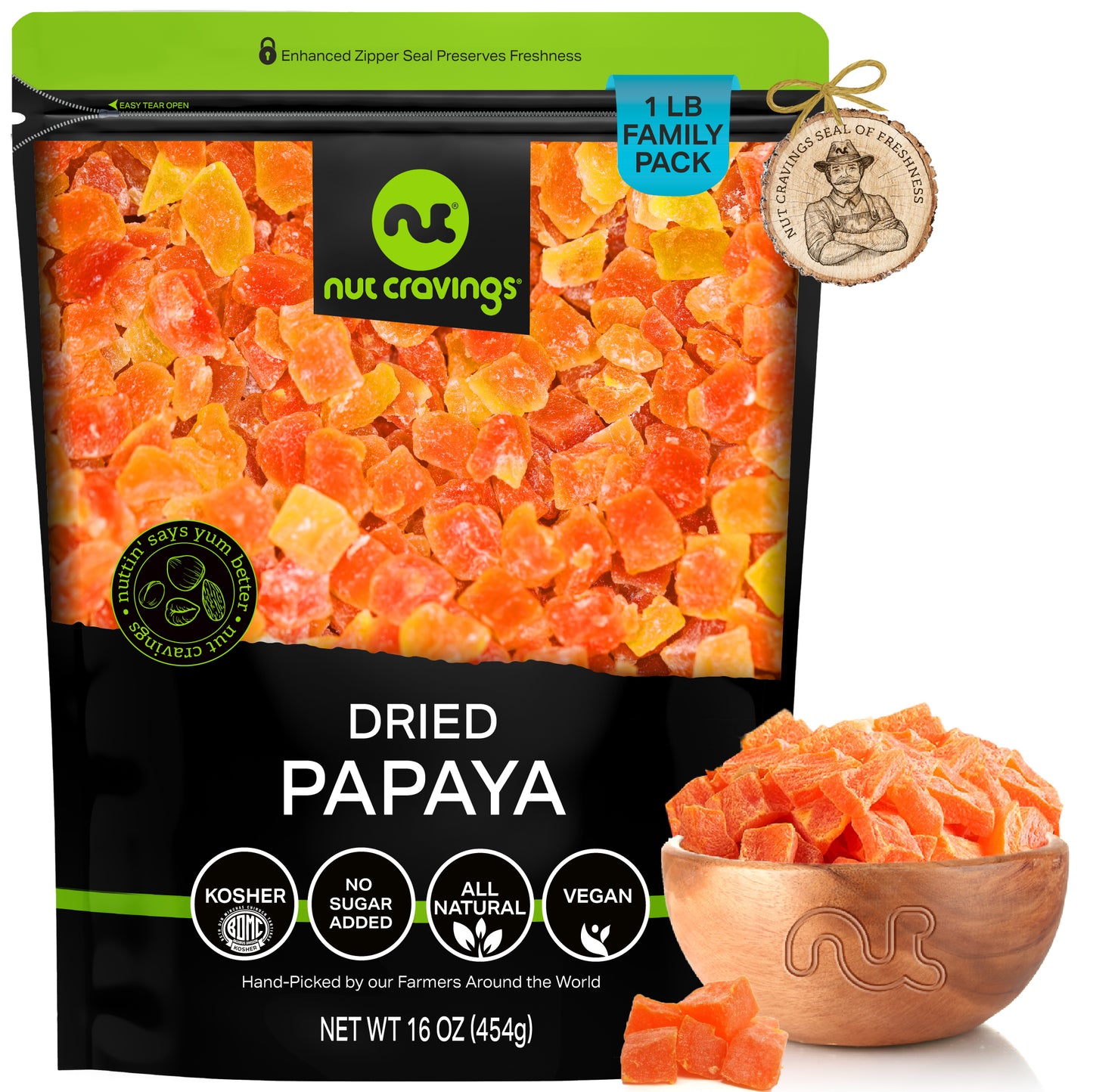 Dried Papaya Chunks — Lightly Sweetened — 16 oz bag