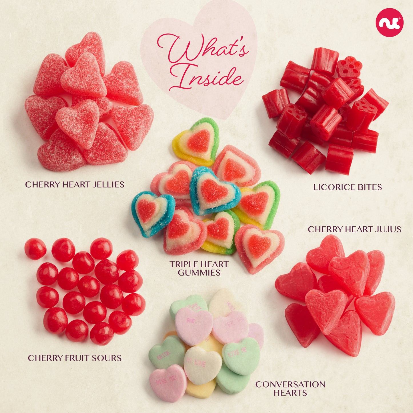 Mixed Candy Heart Shaped Gift Basket, Love in A Box (6 Assortments)