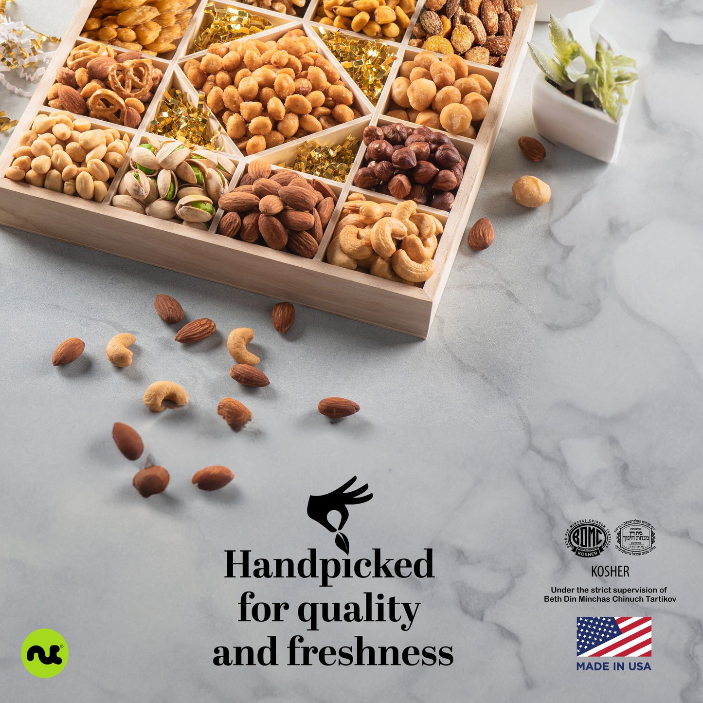 Mixed Nuts Gift Basket in Reusable Diamond Wooden Tray + Green Ribbon (13 Assortments) Treats for Adults,… — view 7