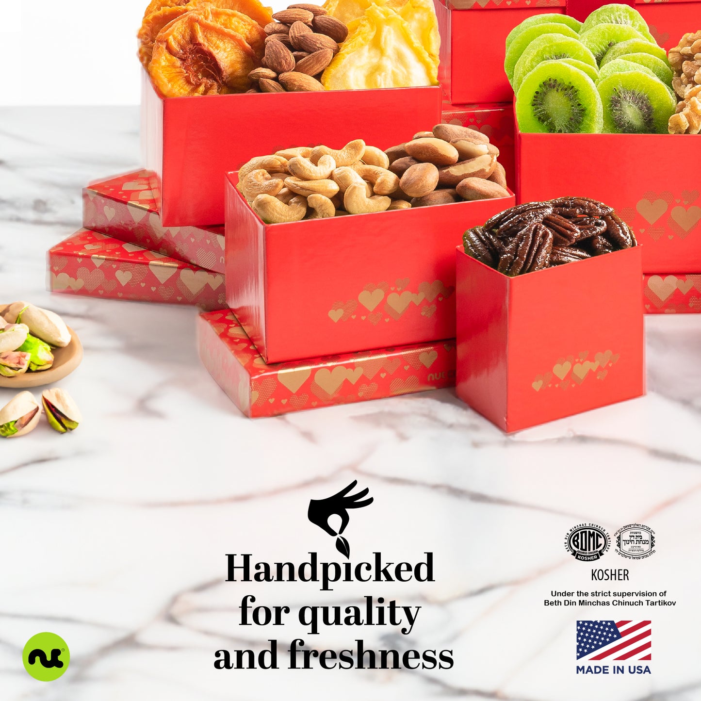 Dried Fruit & Mixed Nuts Gift Basket, Red Tower + Heart Ribbon (12 Assortments) Food Arrangement, Healthy… — view 7