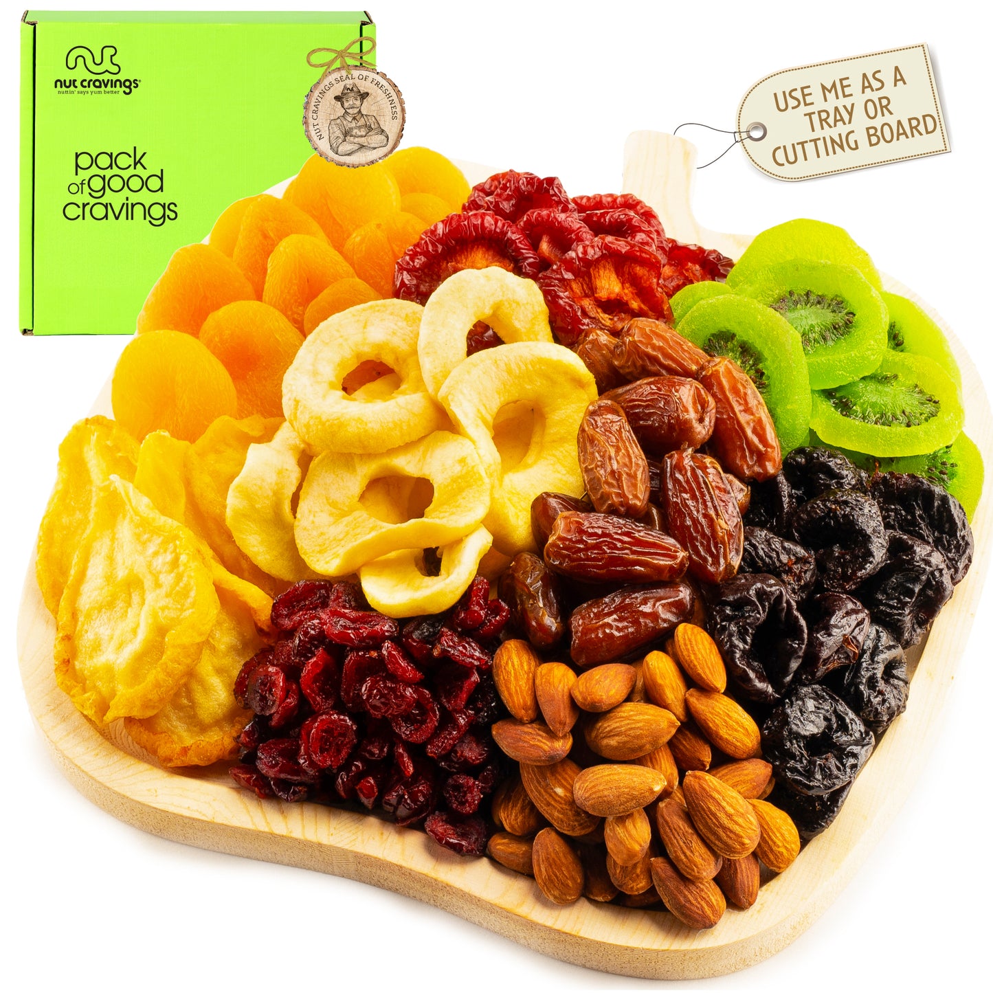 NUT CRAVINGS - Dried Fruit & Mixed Nuts Gift Basket in Wooden Apple-Shaped Tray (9 Assortments) Ramadan Gifts Food Arrangement, Healthy Snack Care Package,