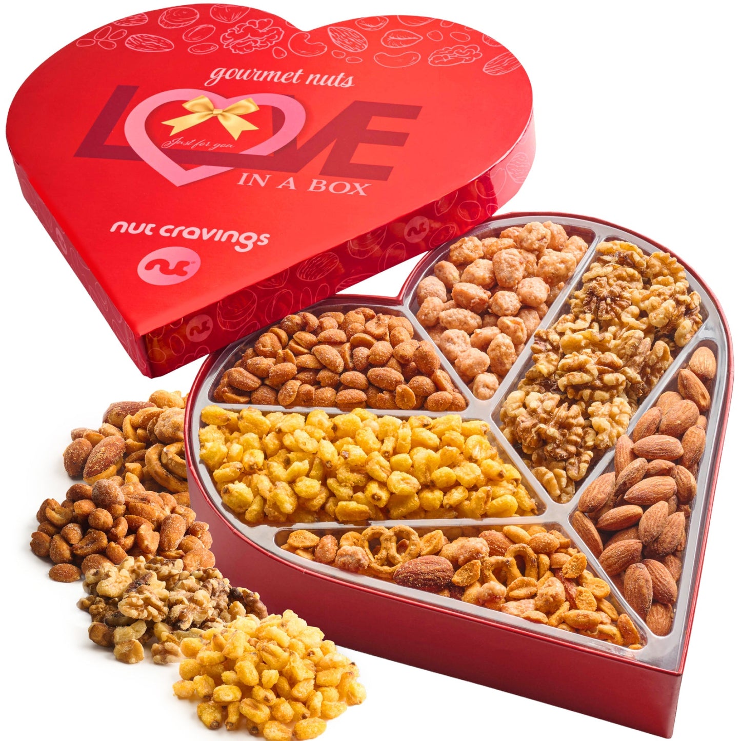 PLACEHOLDER IMAGE - Heart shaped mixed nuts gift basket, Love in a Box, 6 assortments