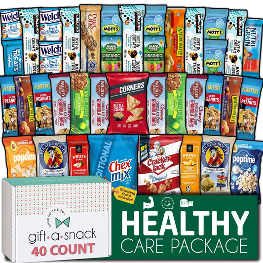 Healthy snack box care package with a 40 count assortment of wrapped snacks, one of the healthy snacks for work we pack