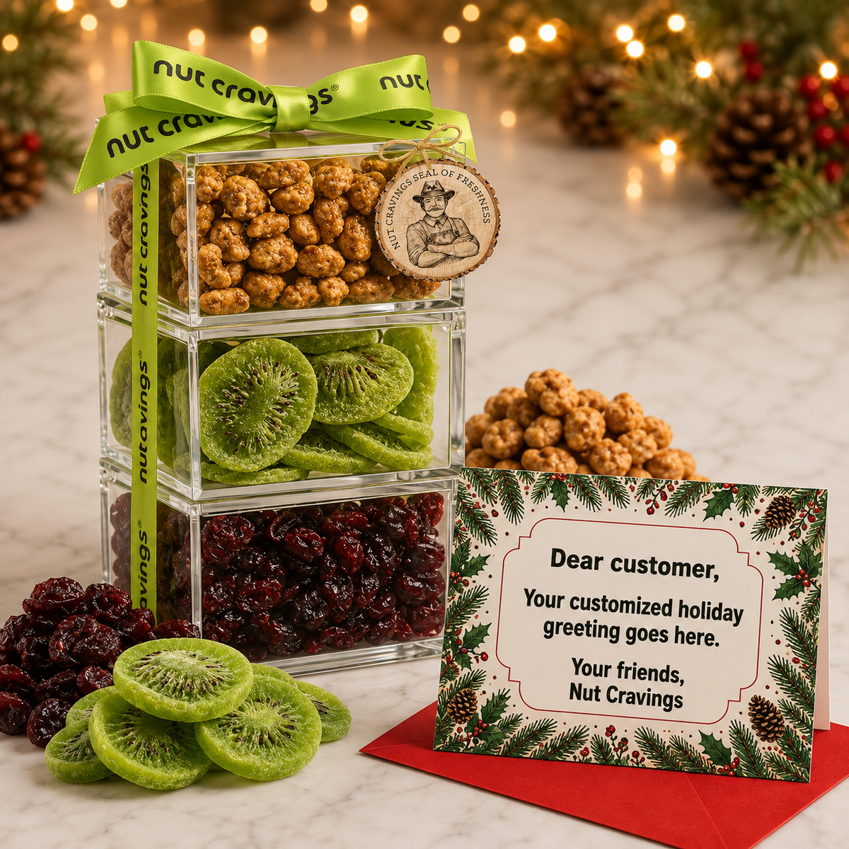 Three tier clear gift stack of toffee peanuts, dried kiwi and dried cranberries with a green ribbon beside a free personalized holiday greeting card