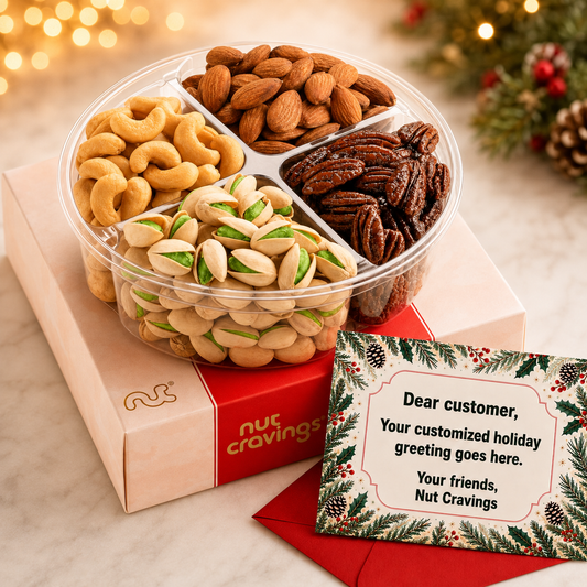 Holiday mixed nuts gift basket with cashews, almonds, pecans and pistachios beside a free personalized holiday greeting card