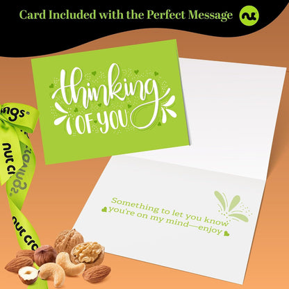 Thinking of You , Nuts Gift Basket with Thinking of you Ribbon + Greeting Card in Reusable Wooden Tray (12 Assortments)