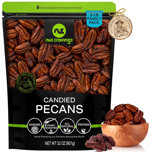 NUT CRAVINGS - Candied Pecans Honey Glazed Praline, No Shell (16oz - 1 LB) Packed Fresh in Resealable Bag - Healthy Protein Food Snack, Food Assortments