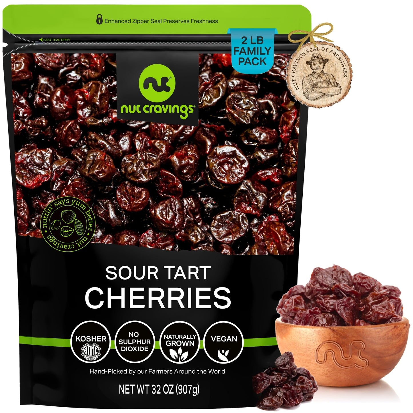 NUT CRAVINGS - Dried Sour Tart Cherries Lightly Sweetened Unsulphured Sweet Healthy Snack Vegan Kosher Resealable Bag