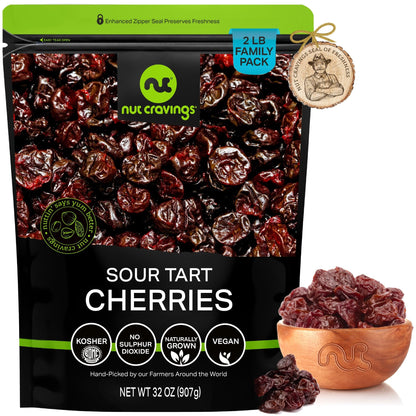 NUT CRAVINGS - Dried Sour Tart Cherries Lightly Sweetened Unsulphured Sweet Healthy Snack Vegan Kosher Resealable Bag
