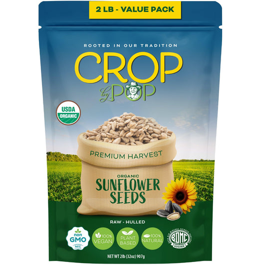 CROP BY POP - Organic Raw Hulled Sunflower Seed Kernels, Unsalted, Shelled Packed Fresh in Resealable Bag - USDA Organic, Non GMO - Naturally Grown, Vegan, Kosher