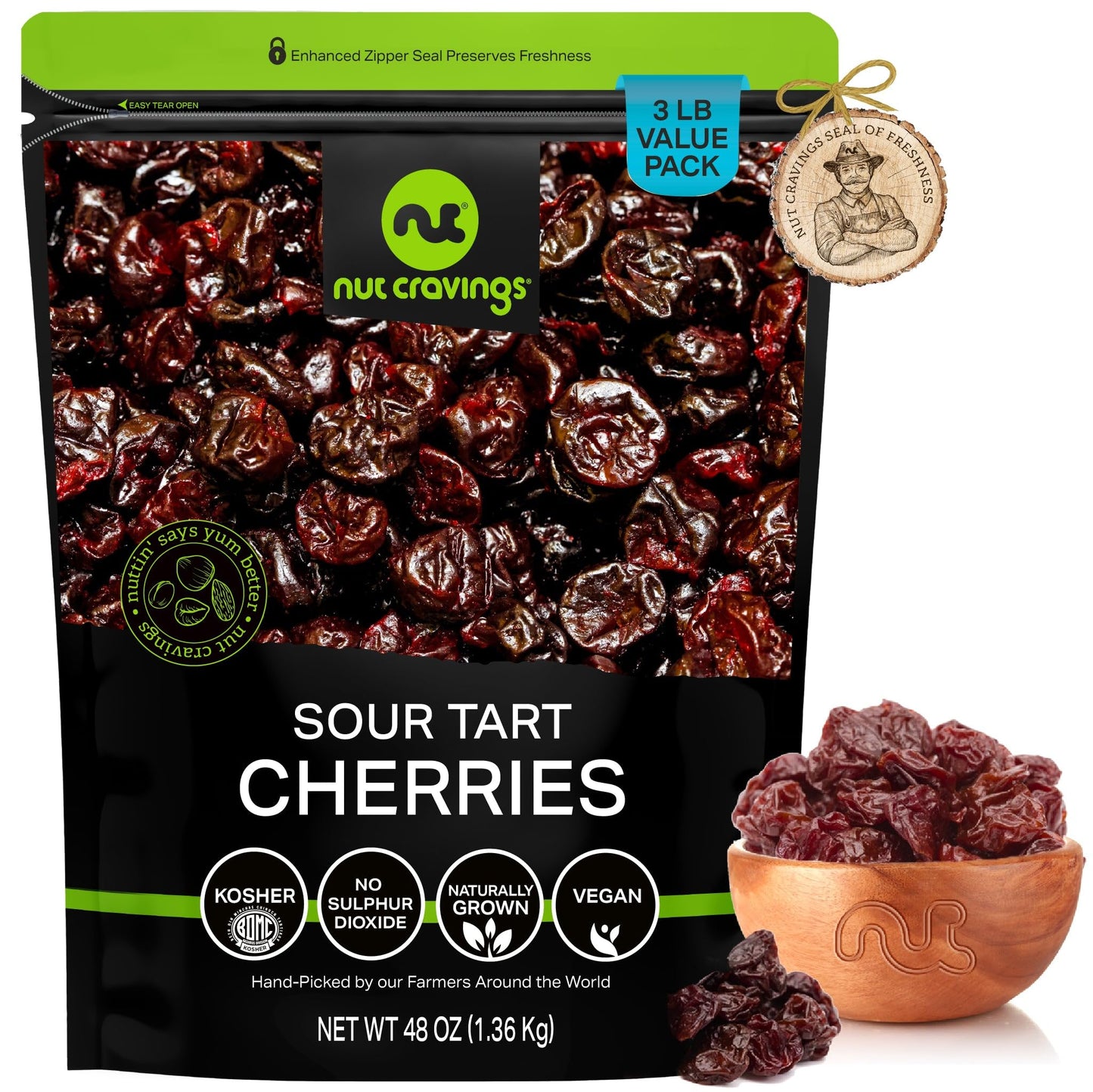 NUT CRAVINGS - Dried Sour Tart Cherries Lightly Sweetened Unsulphured Sweet Healthy Snack Vegan Kosher Resealable Bag