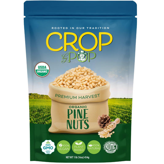 CROP BY POP - Organic Raw Pine Nuts Pignolias, Unsalted, Shelled, Packed Fresh in Resealable Bag - USDA Organic, Non GMO - Naturally Grown, Vegan, Kosher