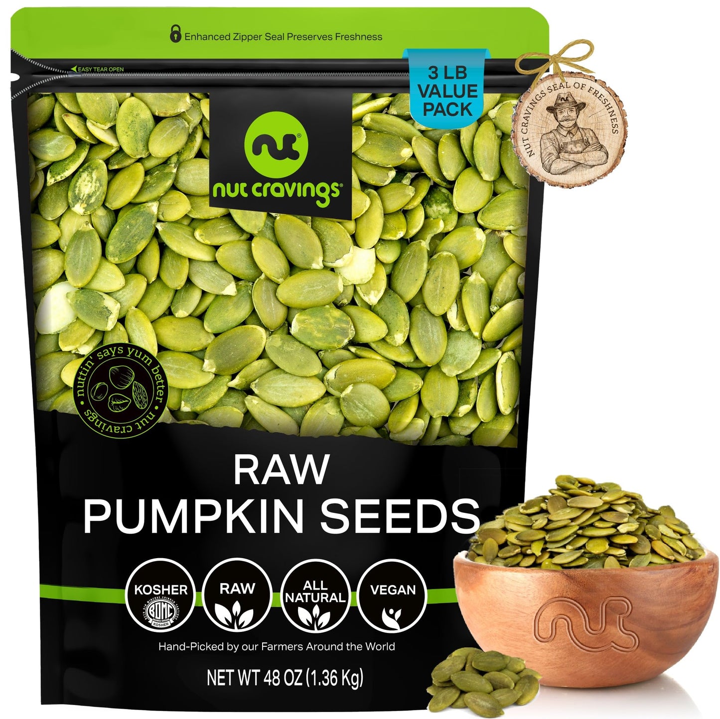 NUT CRAVINGS - Raw Pumpkin Seeds Pepitas Unsalted Shelled Packed Fresh in Resealable Bag - Kosher Healthy Snack Food Assortments Ideal for Trail Mixed Nuts