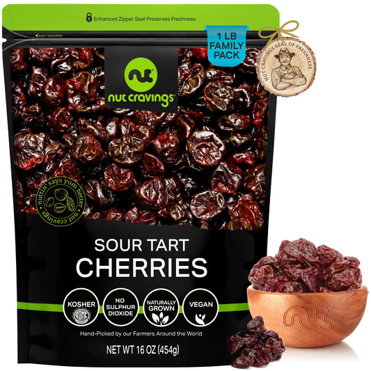 NUT CRAVINGS - Dried Sour Tart Cherries Lightly Sweetened Unsulphured Sweet Healthy Snack Vegan Kosher Resealable Bag