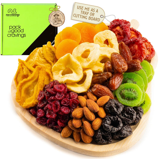 NUT CRAVINGS - Dried Fruit & Mixed Nuts Gift Basket in Wooden Pear-Shaped Tray (9 Assortments) Ramadan Gifts Food Arrangement, Healthy Snack Care Package,