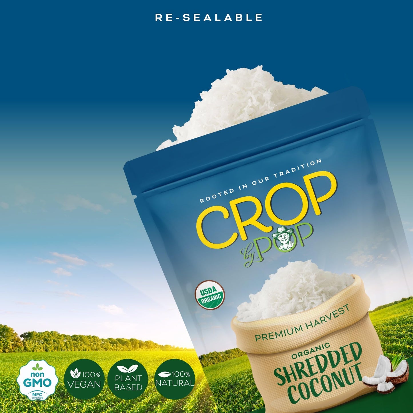 CROP BY POP - Organic Shredded Coconut Flakes, No Sugar Added, Medium Desiccated, Dry Packed Fresh in Resealable Bag - USDA Organic, Non GMO - Naturally Grown, Vegan, Kosher