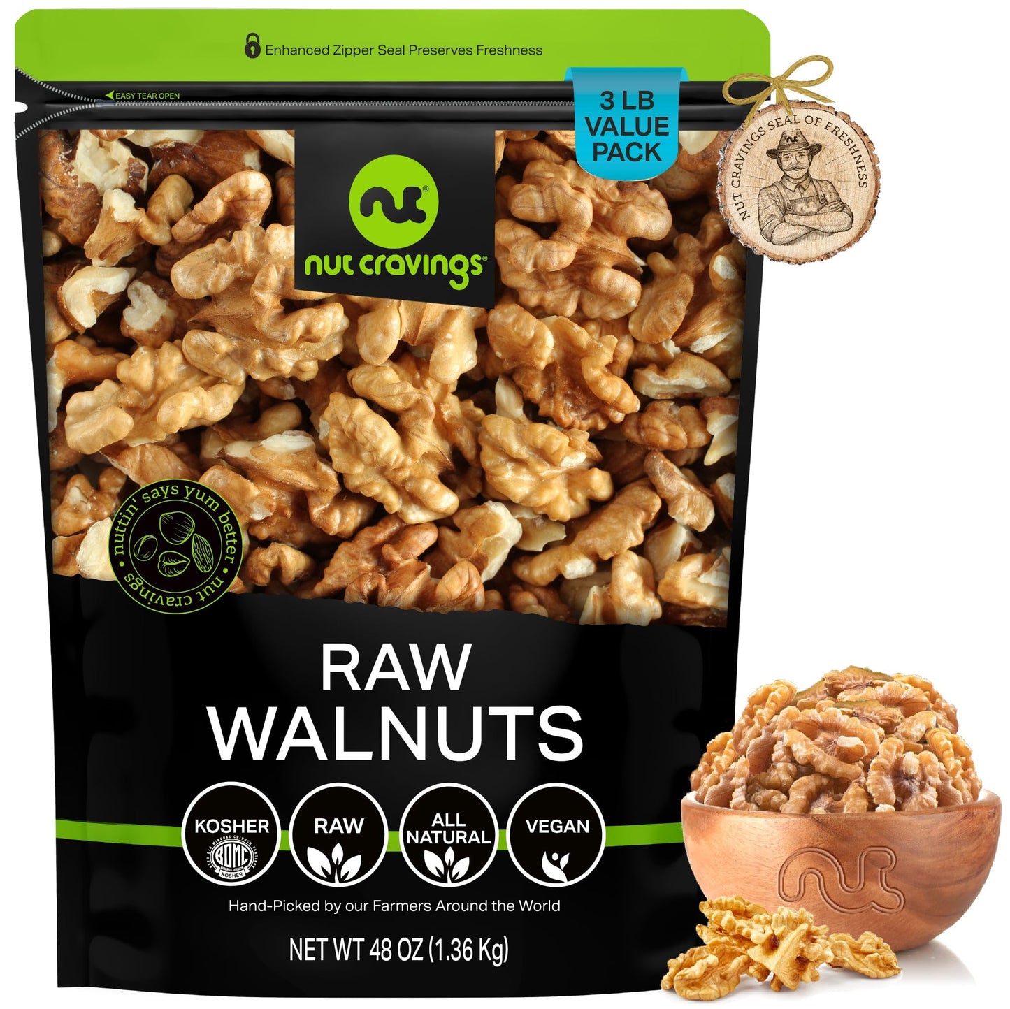 NUT CRAVINGS - Raw Walnuts Halves & Pieces Unsalted Shelled Packed Fresh in Resealable Bag - Kosher Healthy Snack Food Assortments Ideal for Trail Mixed Nuts