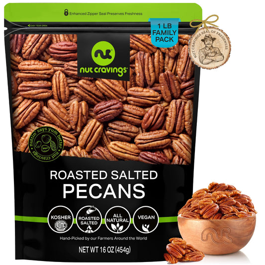 NUT CRAVINGS - Pecans Halves Roasted & Salted No Shell Packed Fresh in Resealable Bag - Healthy Protein Food Snack Food Assortments