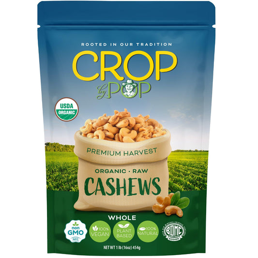 CROP BY POP - Organic Raw Whole Cashews, Unsalted, Shelled, Packed Fresh in Resealable Bag - USDA Organic, Non GMO - Naturally Grown, Vegan, Kosher