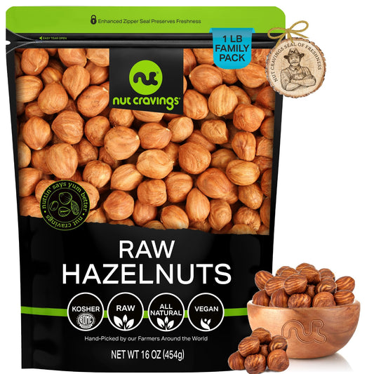 NUT CRAVINGS - Raw Hazelnuts Filberts with Skin - Unsalted Shelled Packed Fresh in Resealable Bag - Kosher Healthy Snack Food Assortments Ideal for Trail Mixed Nuts