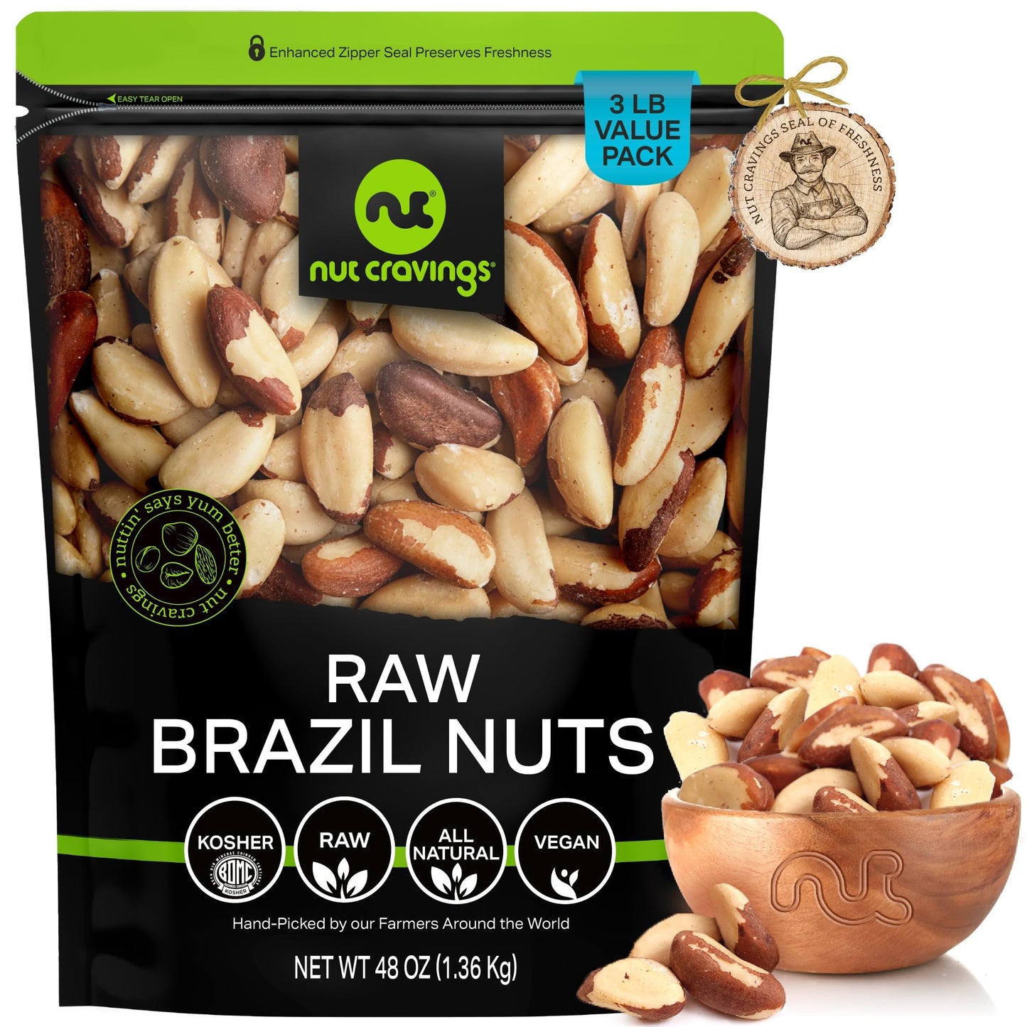 NUT CRAVINGS - Raw Brazil Nuts Unsalted No Shell Whole Packed Fresh in Resealable Bag - Kosher Healthy Snack Food Assortments