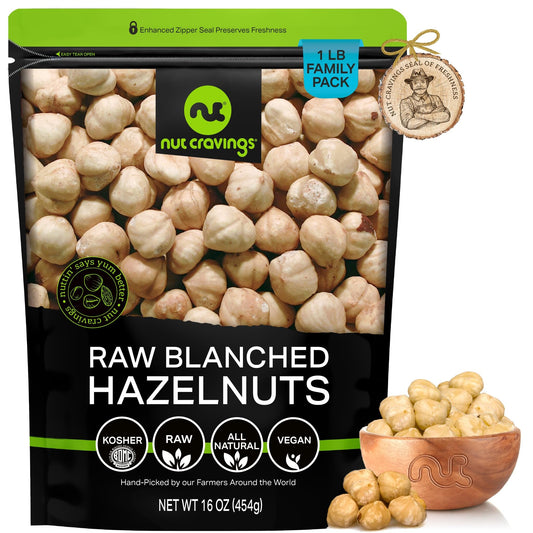 NUT CRAVINGS - Raw Blanched Hazelnuts Filberts - Unsalted Shelled Packed Fresh in Resealable Bag - Kosher Healthy Snack Food Assortments Ideal for Trail Mixed Nuts