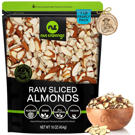 NUT CRAVINGS - Natural Sliced Almonds - Raw Packed Fresh in Resealable Bag - Nut Snack - Food Assortments Ideal for Trail Mixed Nuts