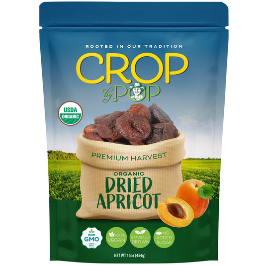 CROP BY POP - Organic Sun Dried Apricots, No Sugar Added, Unsulphured Sweet Healthy Snack, USDA Organic, Non GMO, Vegan Resealable Bag
