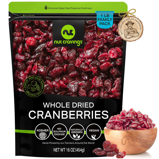 NUT CRAVINGS - Dried Whole Cranberries Lightly Sweetened Unsulphured Sweet Healthy Snack Vegan Kosher Resealable Bag
