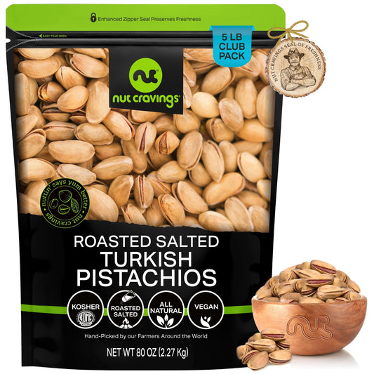 NUT CRAVINGS - Roasted & Lightly Salted Turkish Pistachios Antep (80oz - 5 LB) Packed Fresh in Resealable Bag - Nut Snack - Food Assortments