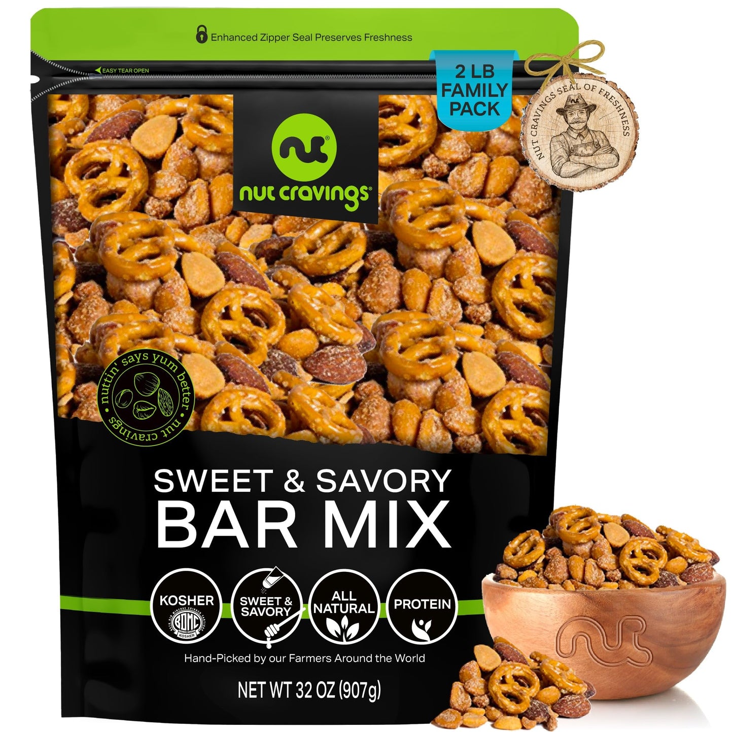 NUT CRAVINGS - Party Bar Nut Mix Sweet & Savory Pub Snack - Smoked Almonds Pretzels Toffee Peanuts Spicy Honey Roasted Peanut Packed Fresh in Resealable Bag - Food Assortments