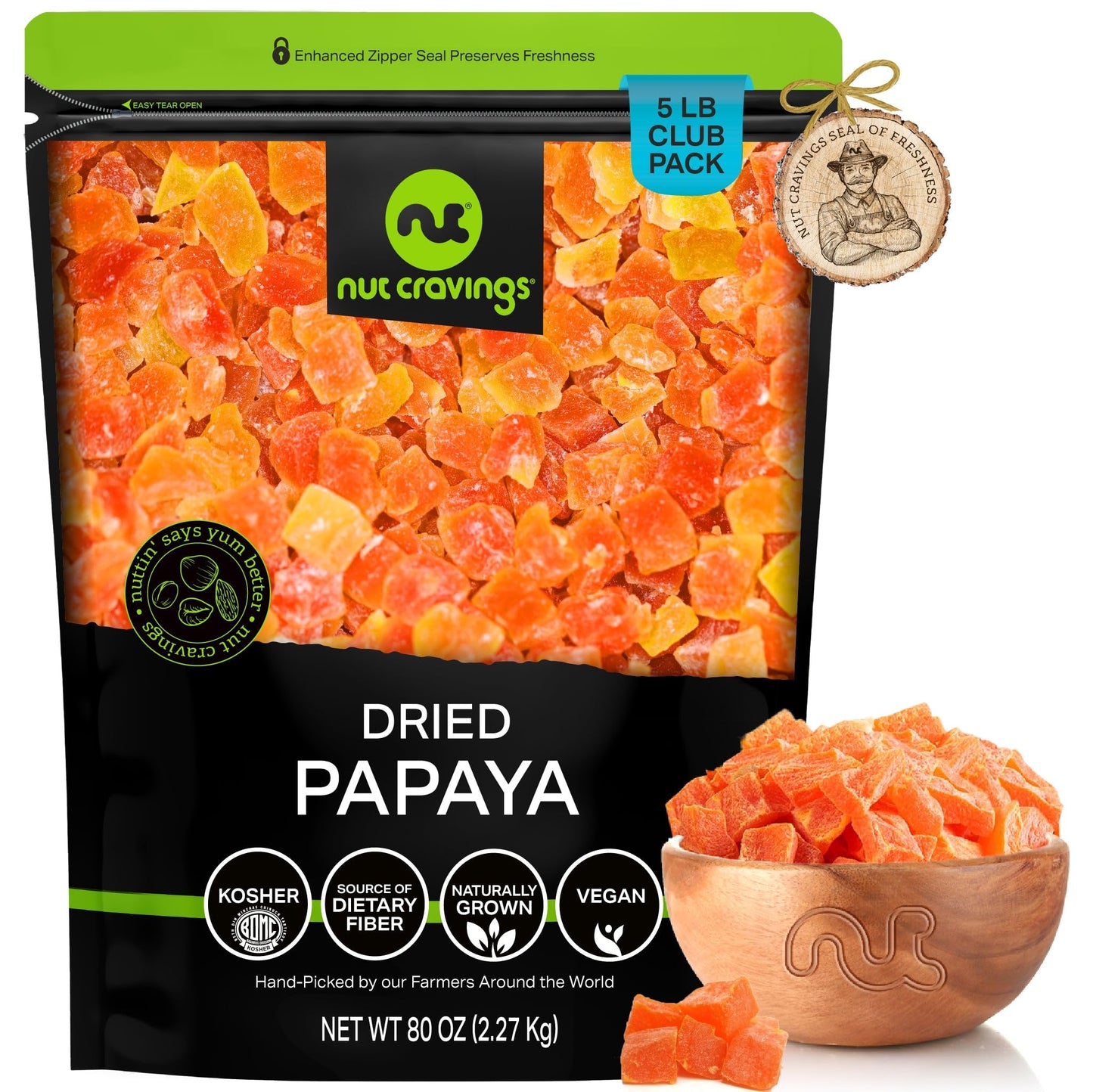 NUT CRAVINGS - Dried Papaya Chunks, Lightly Sweetened (16oz, 1 LB) Sweet Healthy Snack, Vegan, Kosher, Resealable Bag