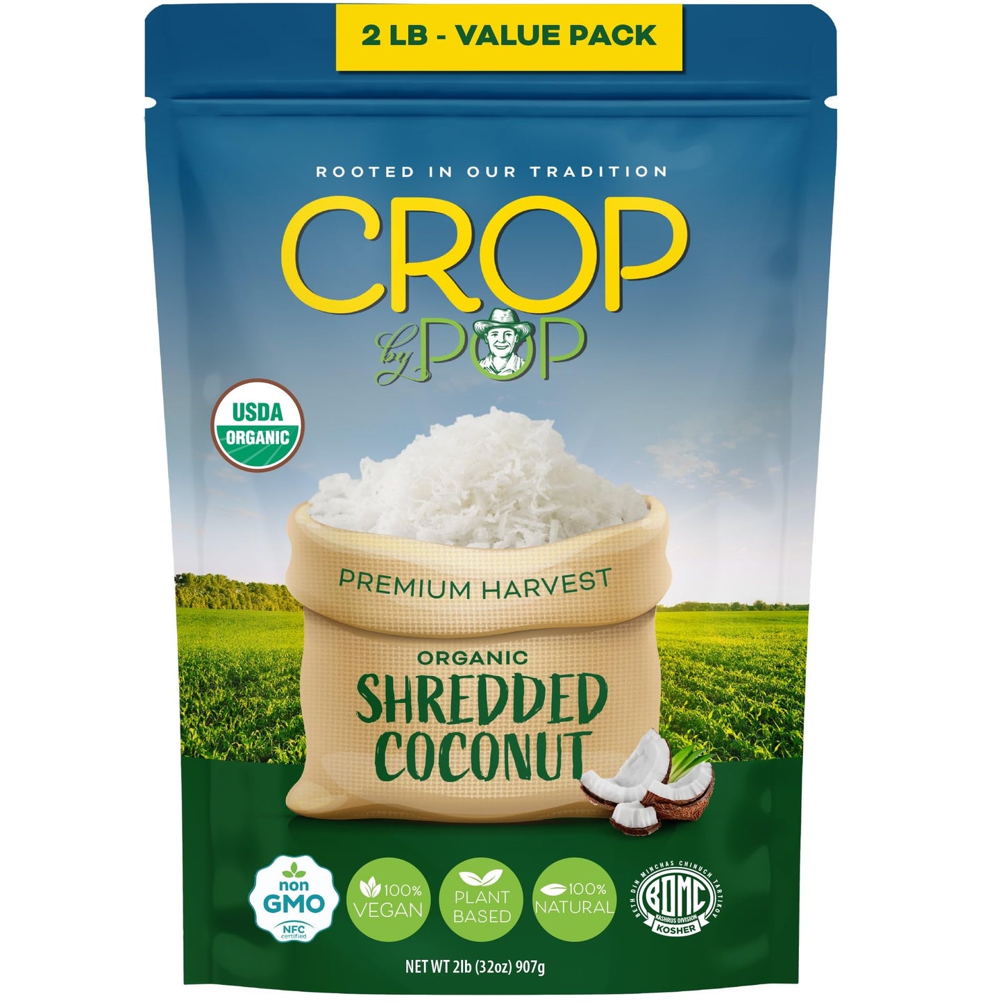 CROP BY POP - Organic Shredded Coconut Flakes, No Sugar Added, Medium Desiccated, Dry Packed Fresh in Resealable Bag - USDA Organic, Non GMO - Naturally Grown, Vegan, Kosher