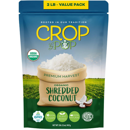 CROP BY POP - Organic Shredded Coconut Flakes, No Sugar Added, Medium Desiccated, Dry Packed Fresh in Resealable Bag - USDA Organic, Non GMO - Naturally Grown, Vegan, Kosher