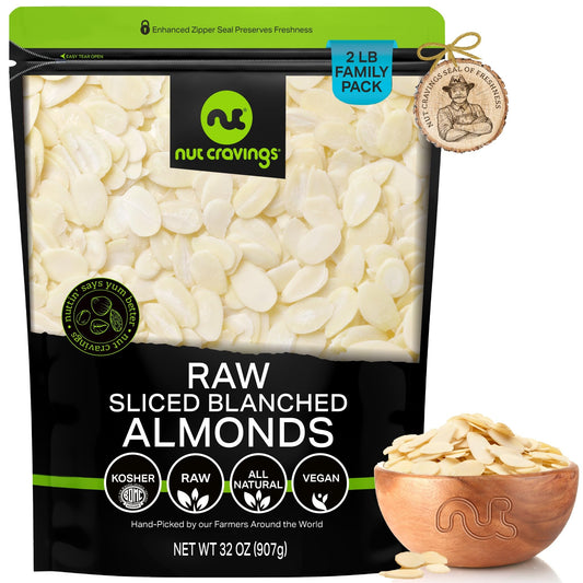 NUT CRAVINGS - Blanched Sliced Almonds - Raw, (16oz - 1 LB) Packed Fresh in Resealable Bag - Nut Snack - Food Assortments Ideal for Trail Mixed Nuts