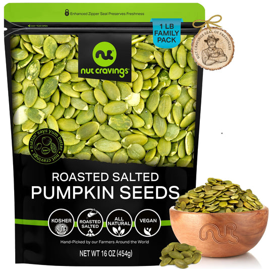 NUT CRAVINGS - Roasted & Salted Pumpkin Seeds Pepitas No Shell Packed Fresh in Resealable Bag - Nut Snack - Food Assortments