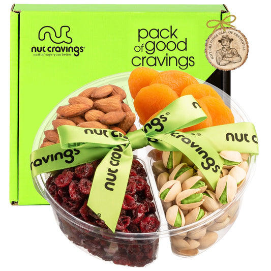 NUT CRAVINGS - Dried Fruit & Mixed Nuts Gift Basket + Green Ribbon (4 Assortments) Ramadan Gifts Food Arrangement, Healthy Snack Care Package,