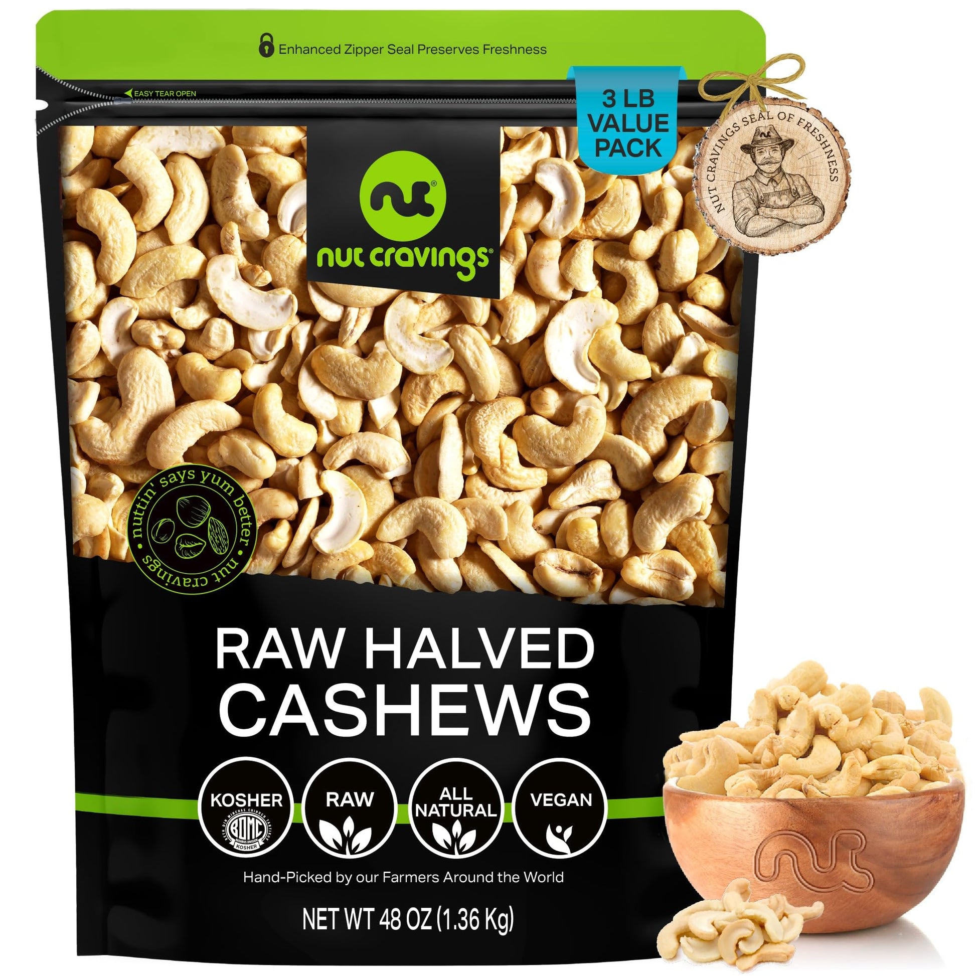 Raw Cashew Halves & Pieces Unsalted Shelled Packed Fresh in Resealable Bag - Kosher Healthy Snack Food… — view 11