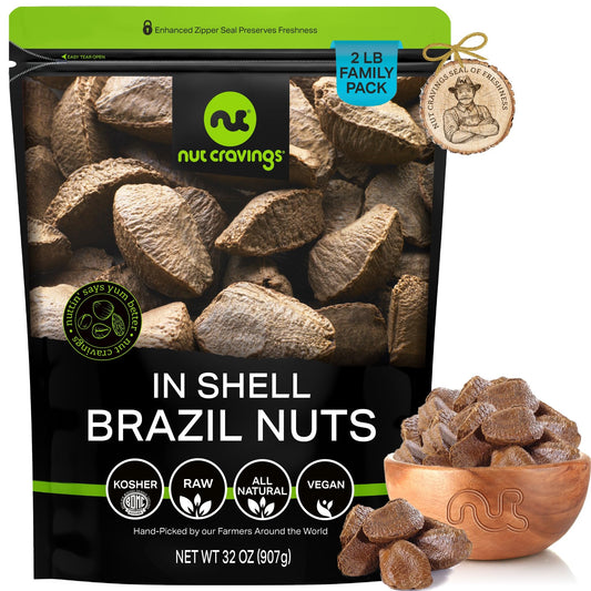 NUT CRAVINGS - Raw Brazil Nuts In Shell - Whole, (16oz - 1 LB) Packed Fresh in Resealable Bag - Healthy Protein Food Snack, Food Assortments