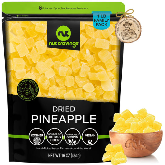 NUT CRAVINGS - Dried Pineapple Chunks Lightly Sweetened Sweet Healthy Snack Vegan Kosher Resealable Bag
