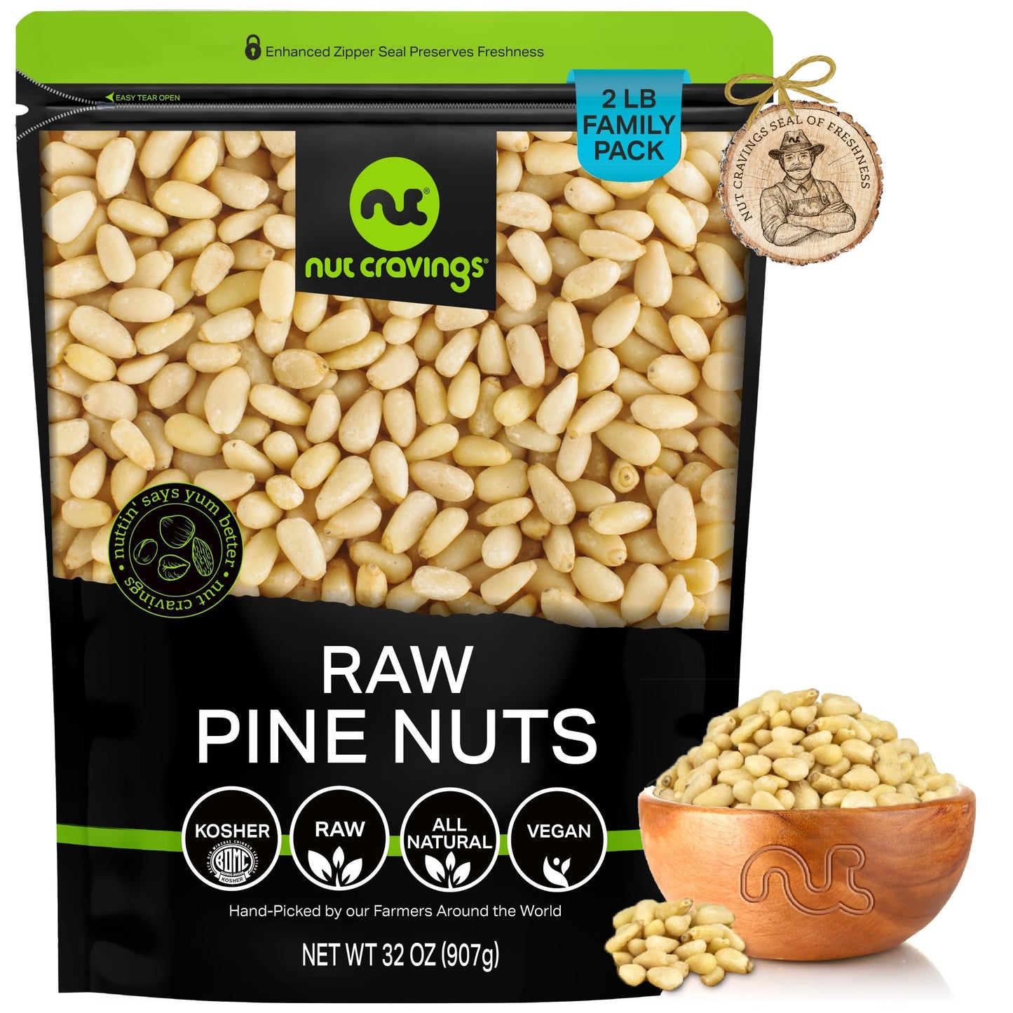 NUT CRAVINGS - Raw Pine Nuts Pignolias Unsalted Shelled Packed Fresh in Resealable Bag - Kosher Healthy Snack Food Assortments Ideal for Trail Mixed Nuts