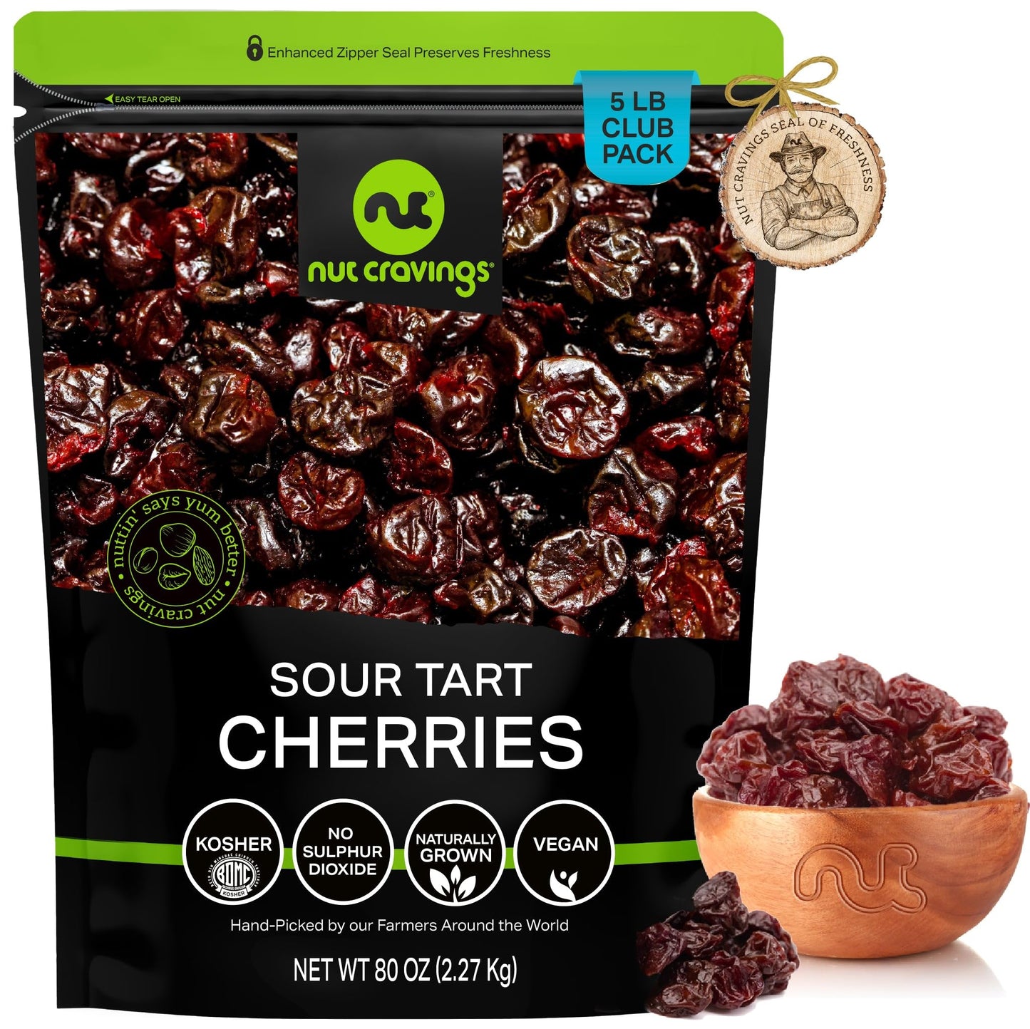 NUT CRAVINGS - Dried Sour Tart Cherries Lightly Sweetened Unsulphured Sweet Healthy Snack Vegan Kosher Resealable Bag