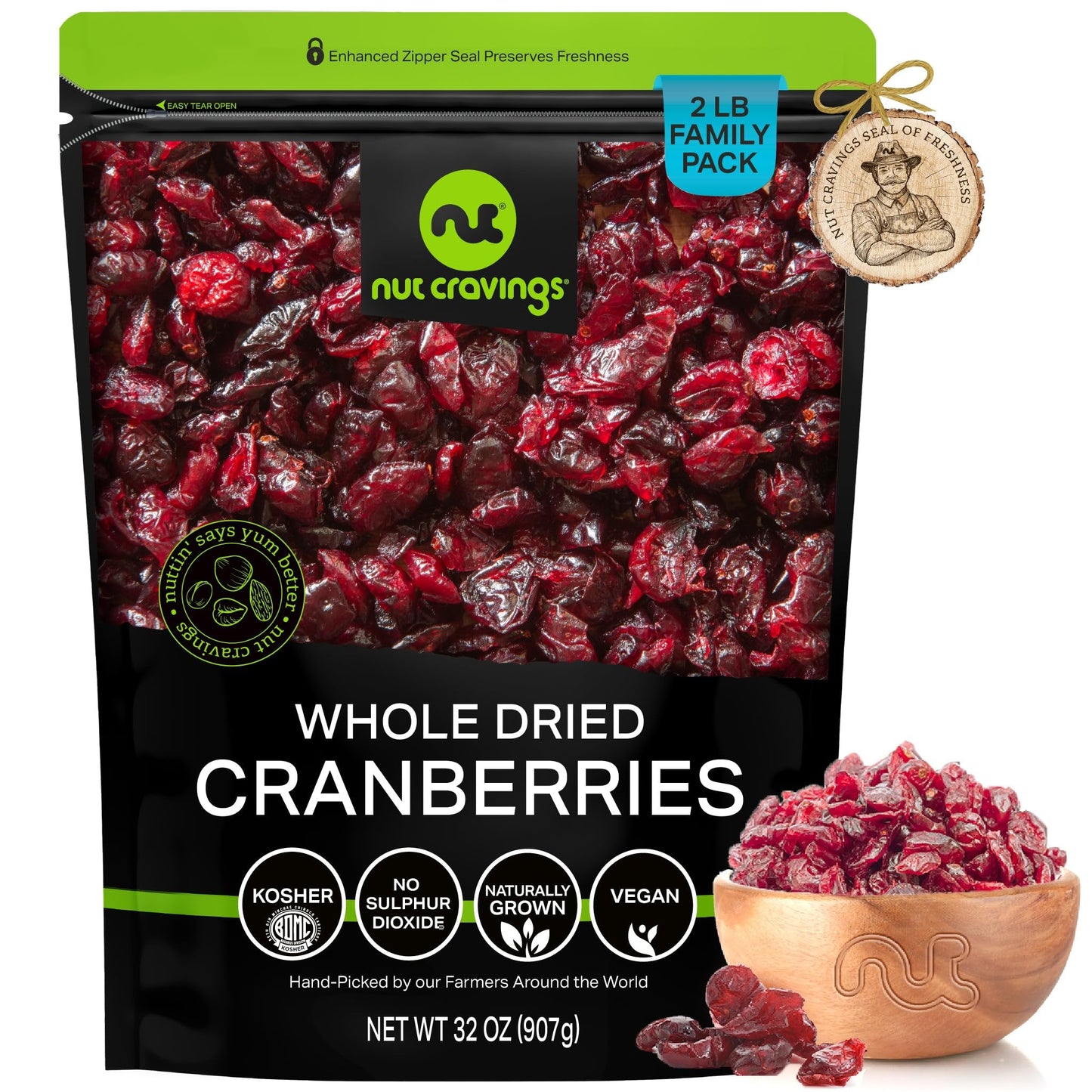 NUT CRAVINGS - Dried Whole Cranberries Lightly Sweetened Unsulphured Sweet Healthy Snack Vegan Kosher Resealable Bag