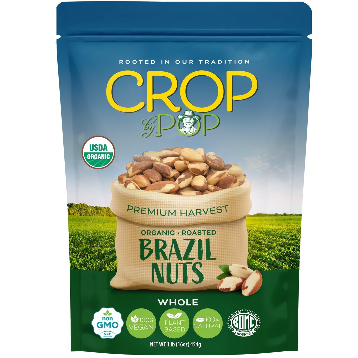CROP BY POP - Organic Brazil Nuts Roasted & Unsalted Packed Fresh in Resealable Bag - USDA Organic, Non GMO - Naturally Grown, Vegan, Kosher