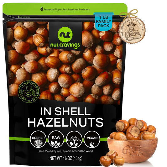 NUT CRAVINGS Raw Hazelnuts Filberts In Shell Whole Packed Fresh in Resealable Bag - Healthy Protein Food Snack Food Assortments Ideal for Trail Mixed Nuts
