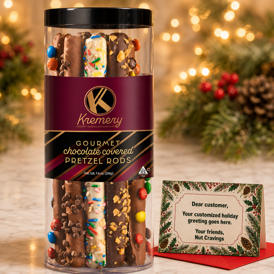 Kremery gourmet chocolate covered pretzel rods canister with candied toppings beside a free personalized holiday greeting card