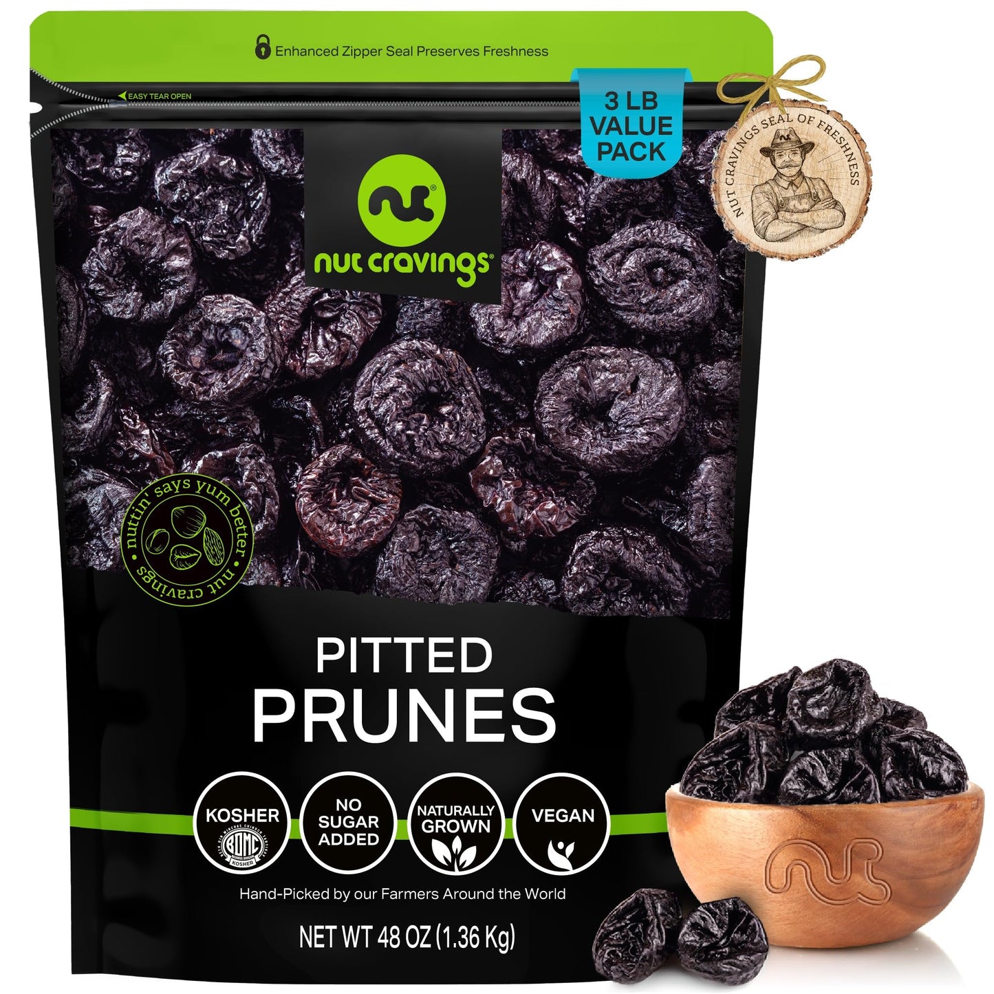 NUT CRAVINGS - Dried Prunes Pitted Unsweetened Dry Plums No Sugar Added Unsulphured Sweet Healthy Snack Vegan Kosher Resealable Bag