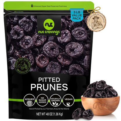 NUT CRAVINGS - Dried Prunes Pitted Unsweetened Dry Plums No Sugar Added Unsulphured Sweet Healthy Snack Vegan Kosher Resealable Bag