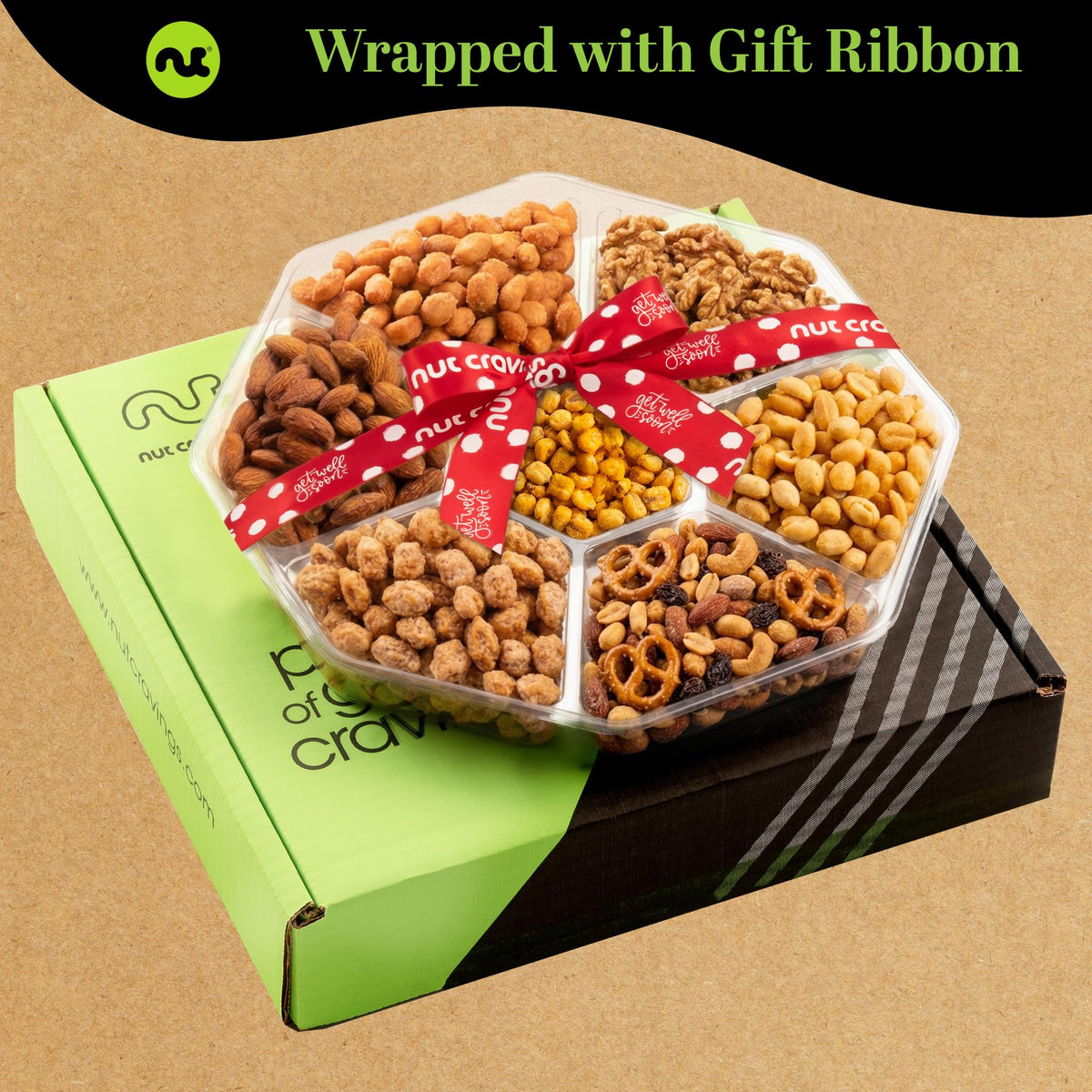 Get Well Soon, Mixed Nuts Gift Basket with Get Well Soon Ribbon (7 Assortments)